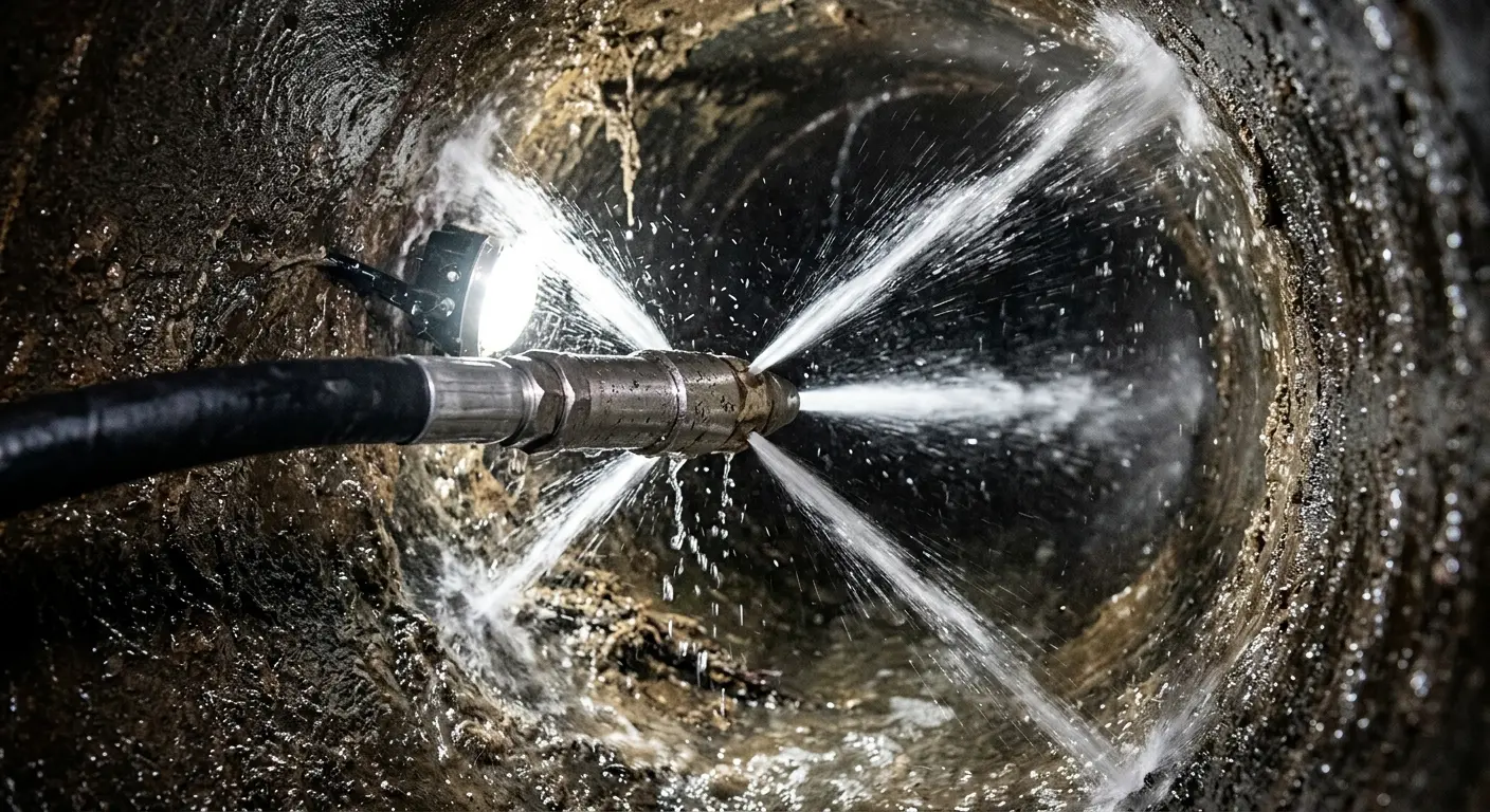 High-pressure hydro jetting nozzle cleaning sewer pipe for Trenchless Sewer Repair in Muskegon Heights