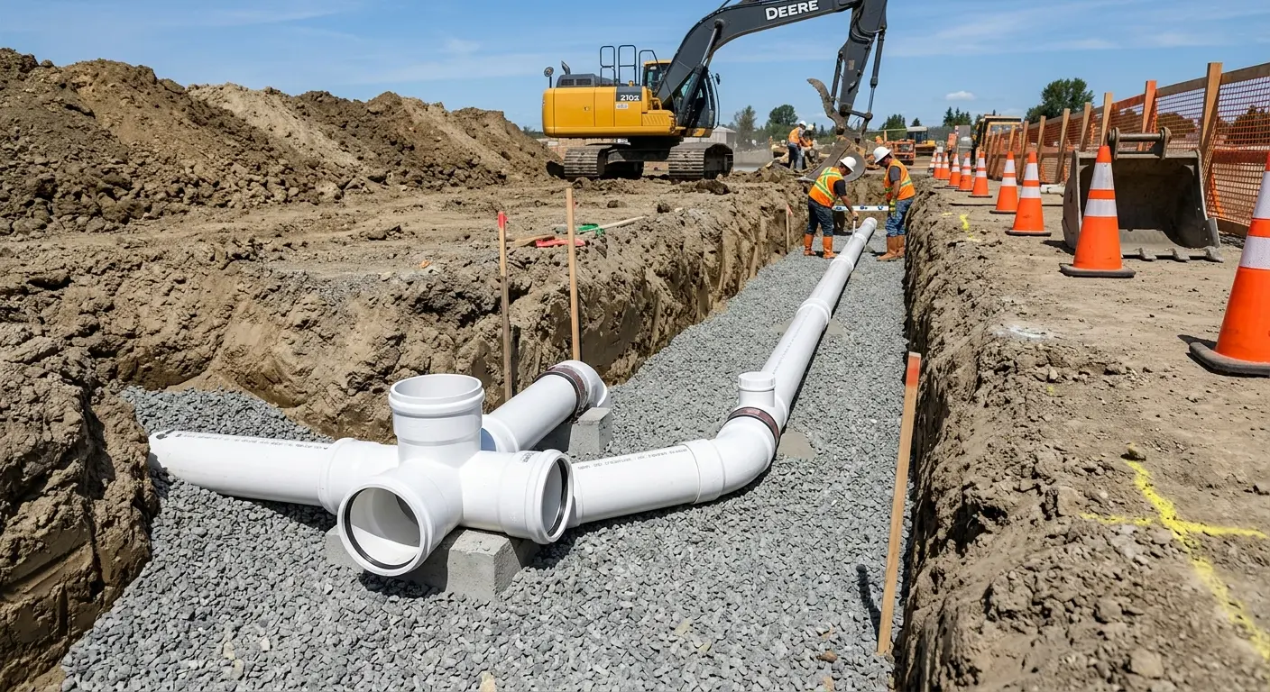 New PVC sewer pipe installation in open trench for Sewer Backup in Muskegon Heights